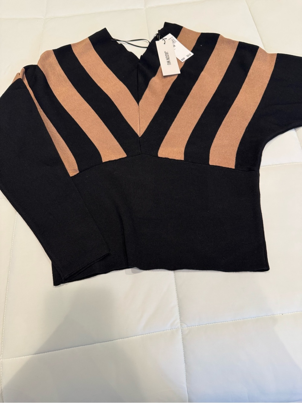 Jason Wu Black and Tan Striped V-Neck Sweater